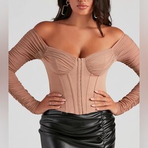 Elegant Tan Off-Shoulder Corset Top